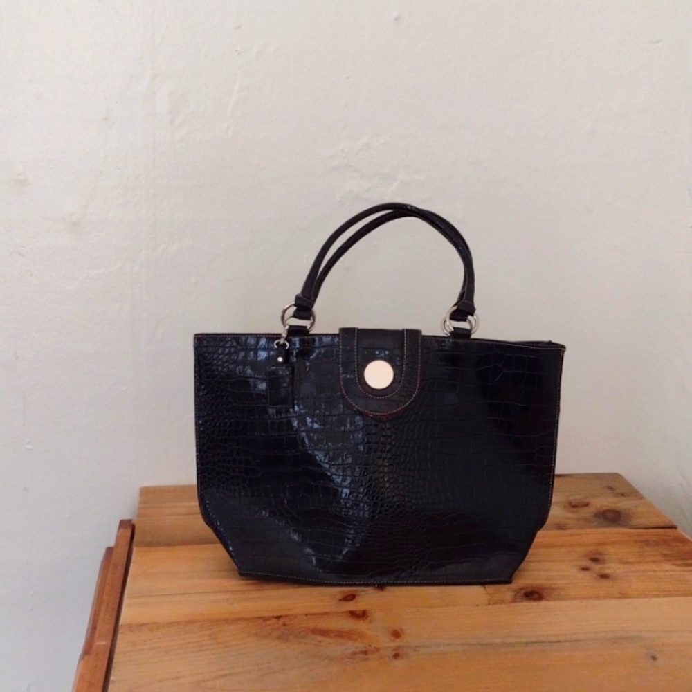 Emilie M Vintage Black Faux Leather Embossed Alligator Large Tote Bag